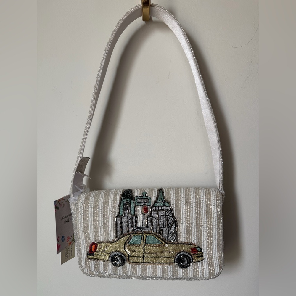 beaded New York City taxi cream white striped Shoulder Bag